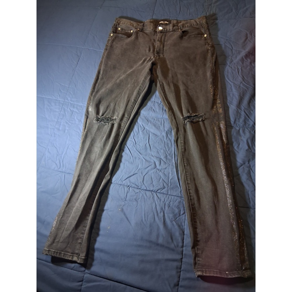 Homme + Femme Black Jeans With‎ Side Logo/Sparkle Stripes & Ripped Knees Size 38